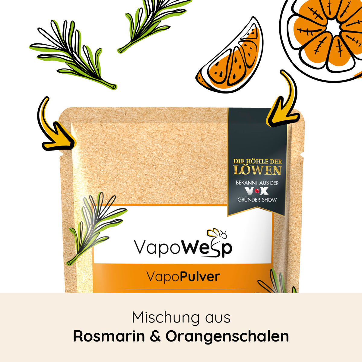 Räucherbox inkl. Orange & Rosemary (3x je 100 g / 1x 50 g) mit aromatischem VapoPulver aus Rosmarin und Orangenschalen für natürliche Wespenabwehr.