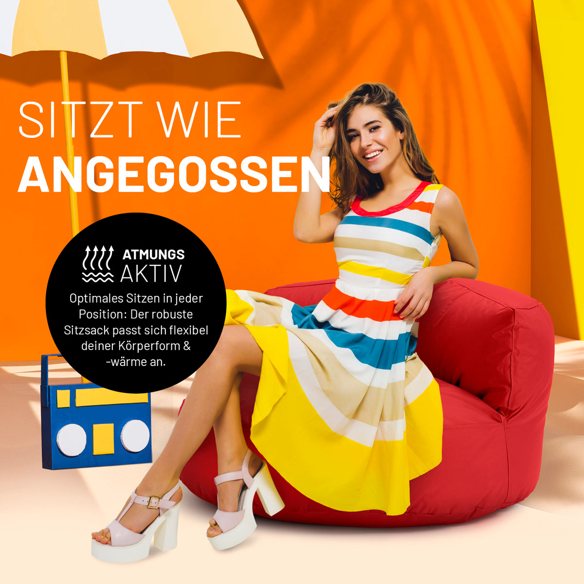 Sitzsack Lounge (320 L) - rot, modern und gemütlich für drinnen & draußen, mit hochwertiger EPS-Füllung und robusten Nähten.