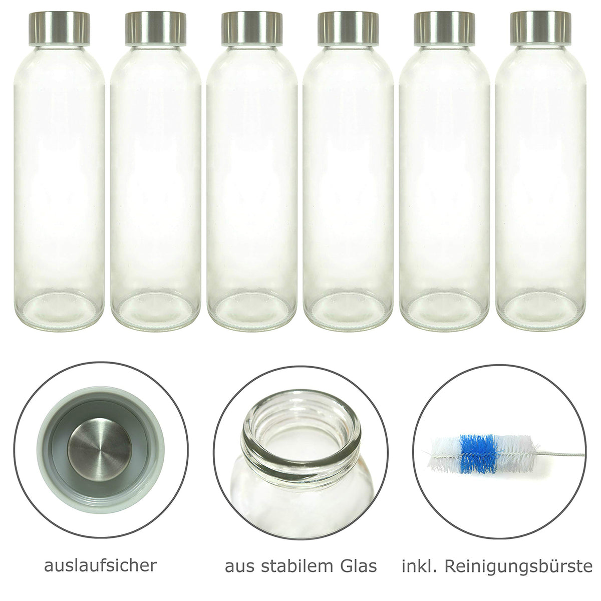 Glasflaschen 500 ml, 6er-Set + Flaschenbürste aus stabilem Kalknatronglas mit Edelstahl-Deckel und Reinigungsbürste.