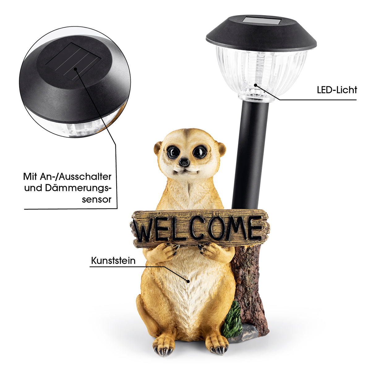 Solarleuchte Erdmännchen mit Laterne/Schild, detailgetreu, handbemalt, mit LED-Solarlicht, An-/Ausschalter und Dämmerungssensor.
