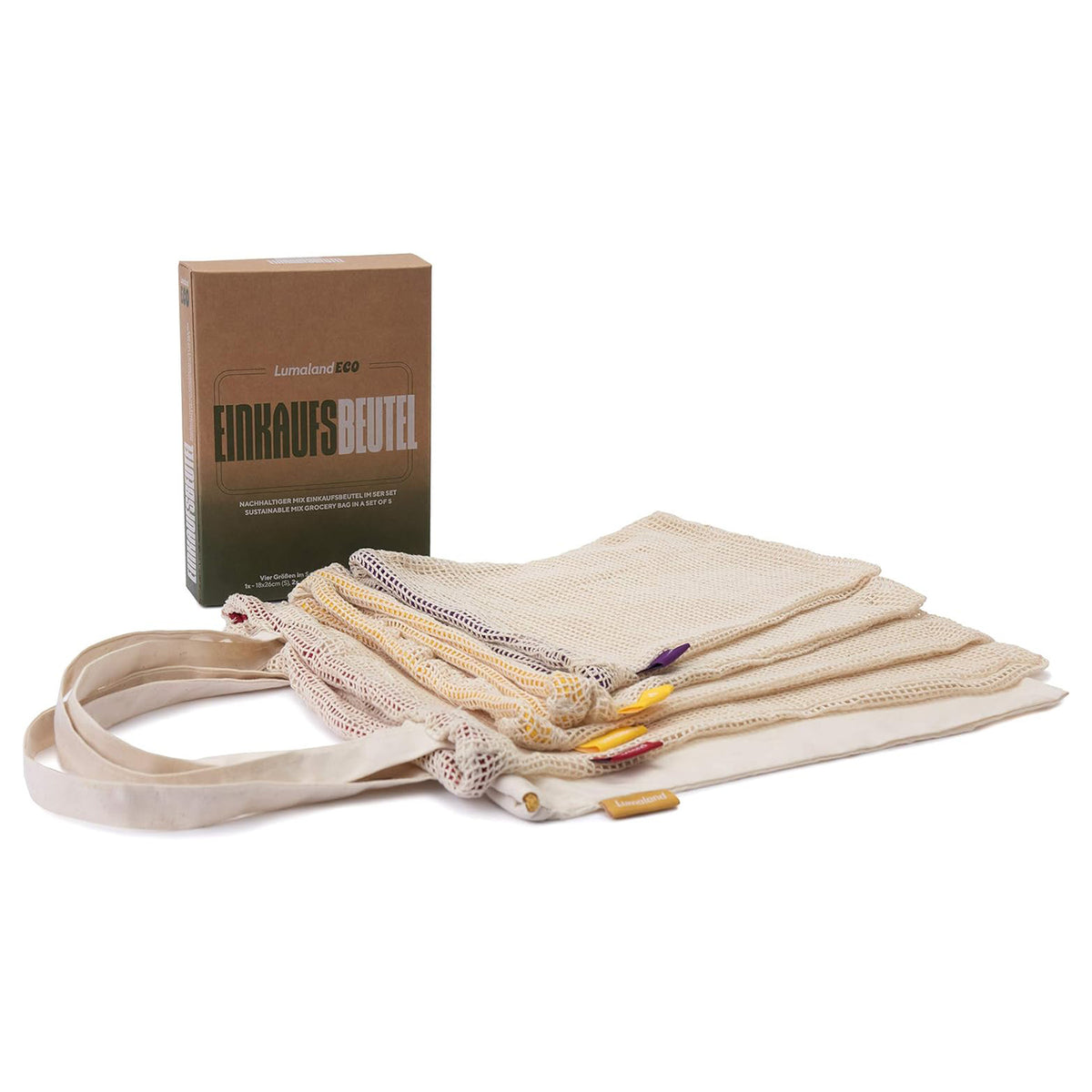 Einkaufsbeutel aus 100% Baumwolle - 4er-Set von Lumaland, nachhaltige, wiederverwendbare Baumwolltaschen in verschiedenen Größen.