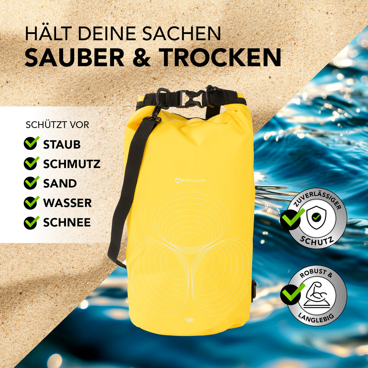 Dry Bag 10L - Gelb, wasserdichter und robuster Rucksack mit UV-Schutz und verstellbarem Schultergurt für Outdoor-Abenteuer.