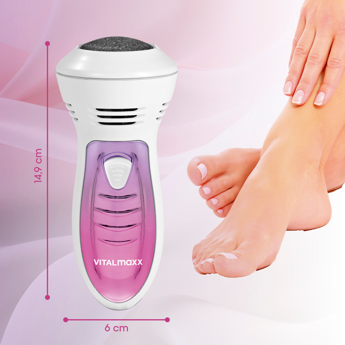 Pedi Power Hornhaut-Entferner von VITALmaxx mit Absaugfunktion und 2 Aufsätzen für glatte, geschmeidige Füße ohne scharfe Klingen.