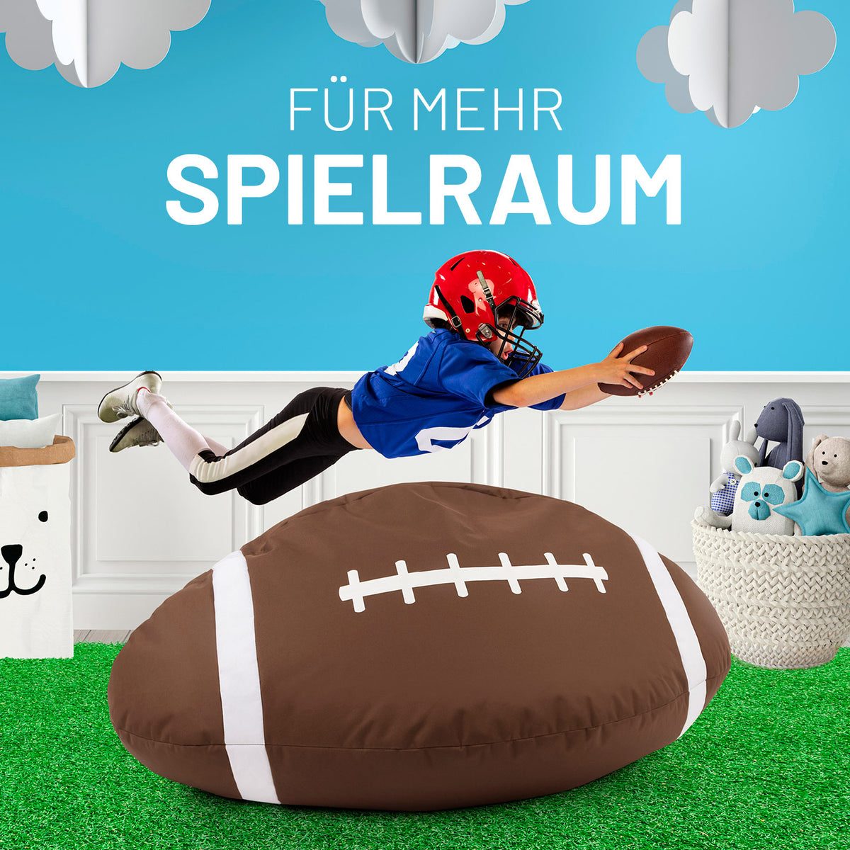 Football-Sitzsack (300 L) – großer, bequemer Sitzsack in Football-Form für drinnen und draußen, robust und pflegeleicht.