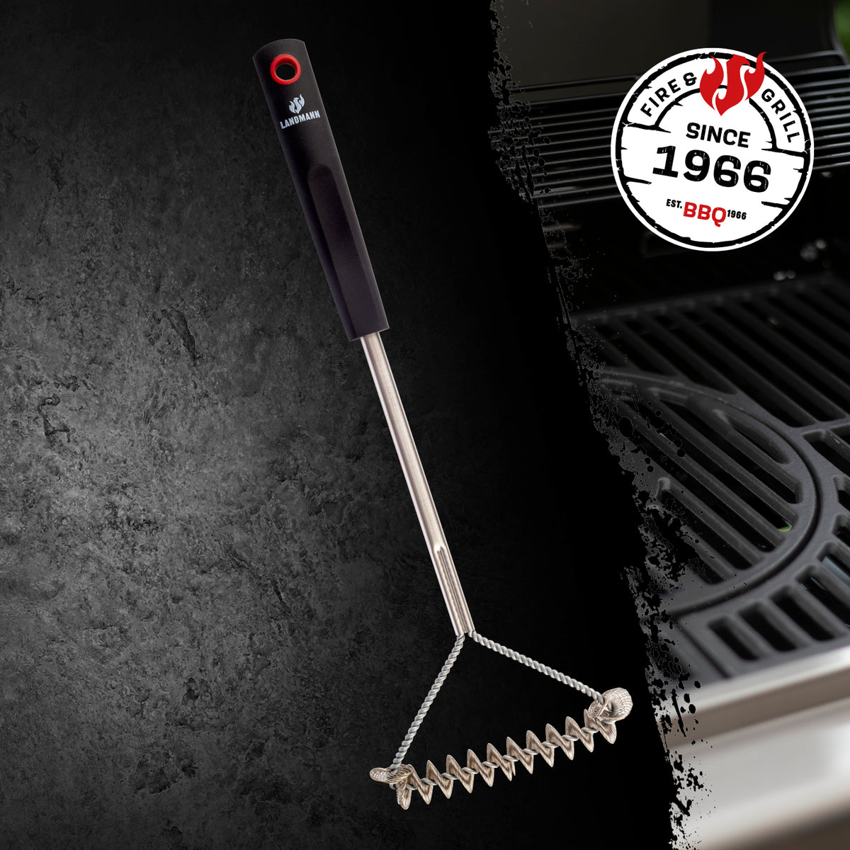 Grillrost-Reinigungsbürste mit langlebiger Edelstahlspule und bequemem PP-Griff für effektive Reinigung aller Grillroste.