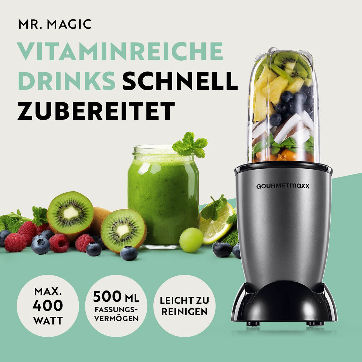 Mr. Magic Power 400 Pro Basis-Set M Anthrazit/Schwarz kompakter Standmixer mit 400-W-Motor und 500-ml Becher.