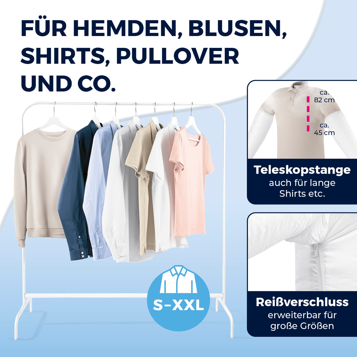 Hemdenbügler PRO STEAM - Schwarz mit Teleskopstange und Reißverschluss für Hemden, Blusen, Shirts und große Größen S-XXL.