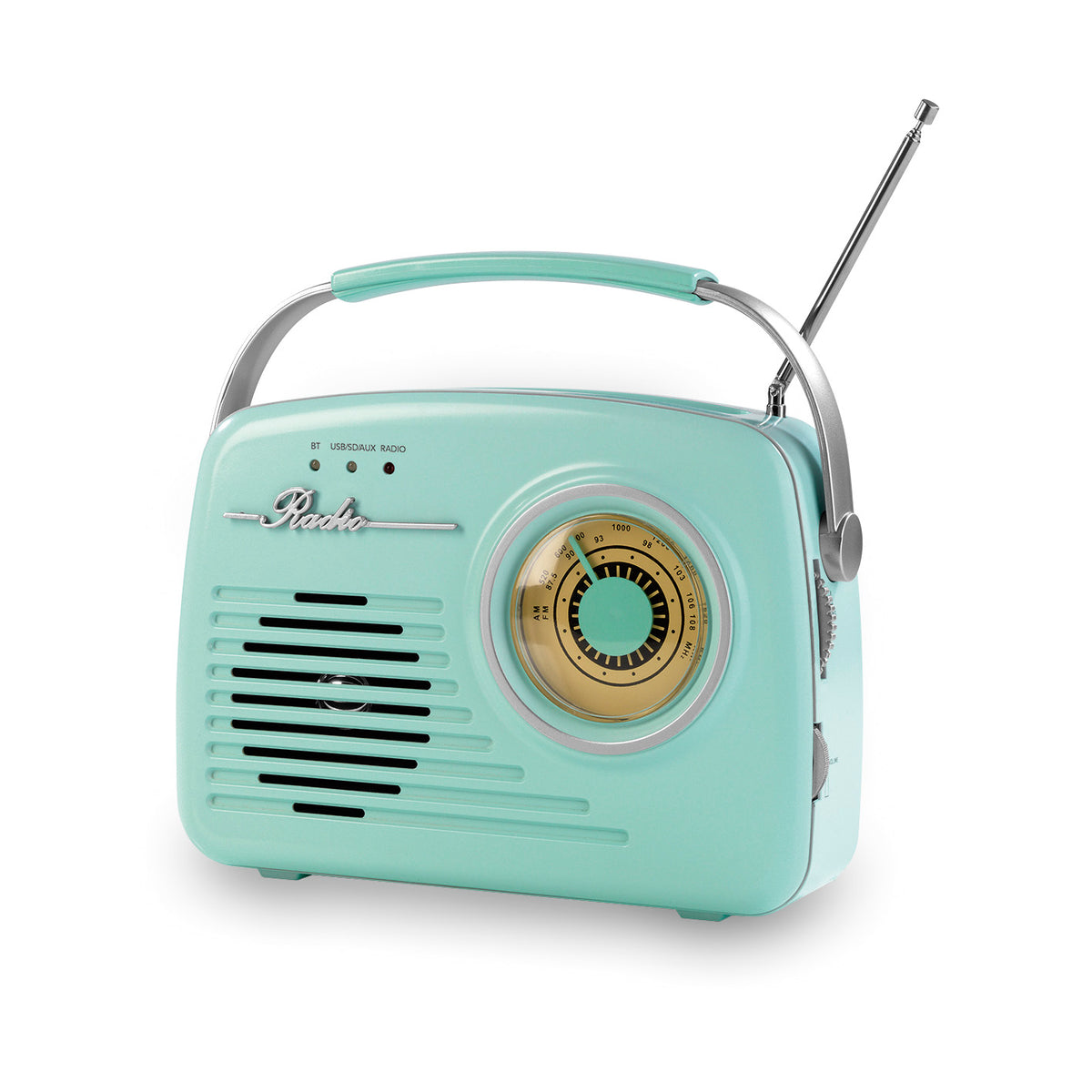 Retro-Radio - mint im 50er Jahre Stil mit Bluetooth, Tragegriff, Teleskopantenne, AUX-Anschluss und USB-Betrieb.
