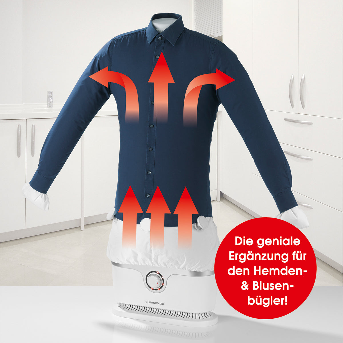 Bügler-Aufsatz für Hosen - silber/weiß trocknet und bügelt Hosen automatisch schonend und zeitsparend in einem Schritt.