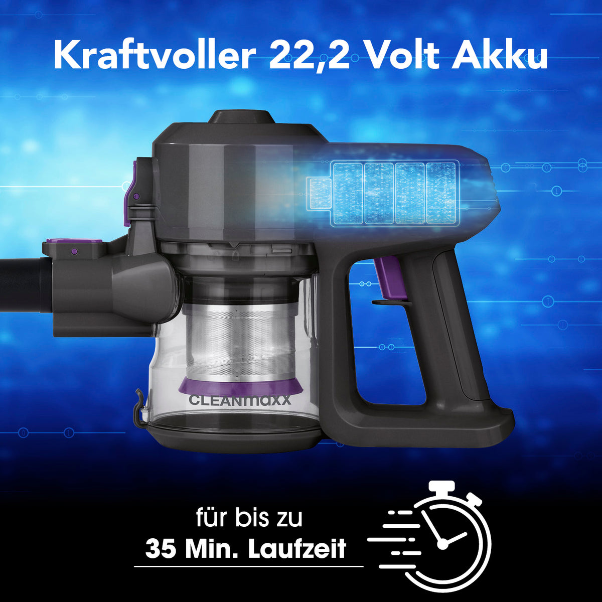 Akku-Zyklonstaubsauger mit 22,2 V Akku, beutelloser Zyklontechnologie und bis zu 35 Min. Laufzeit für flexible Reinigung.