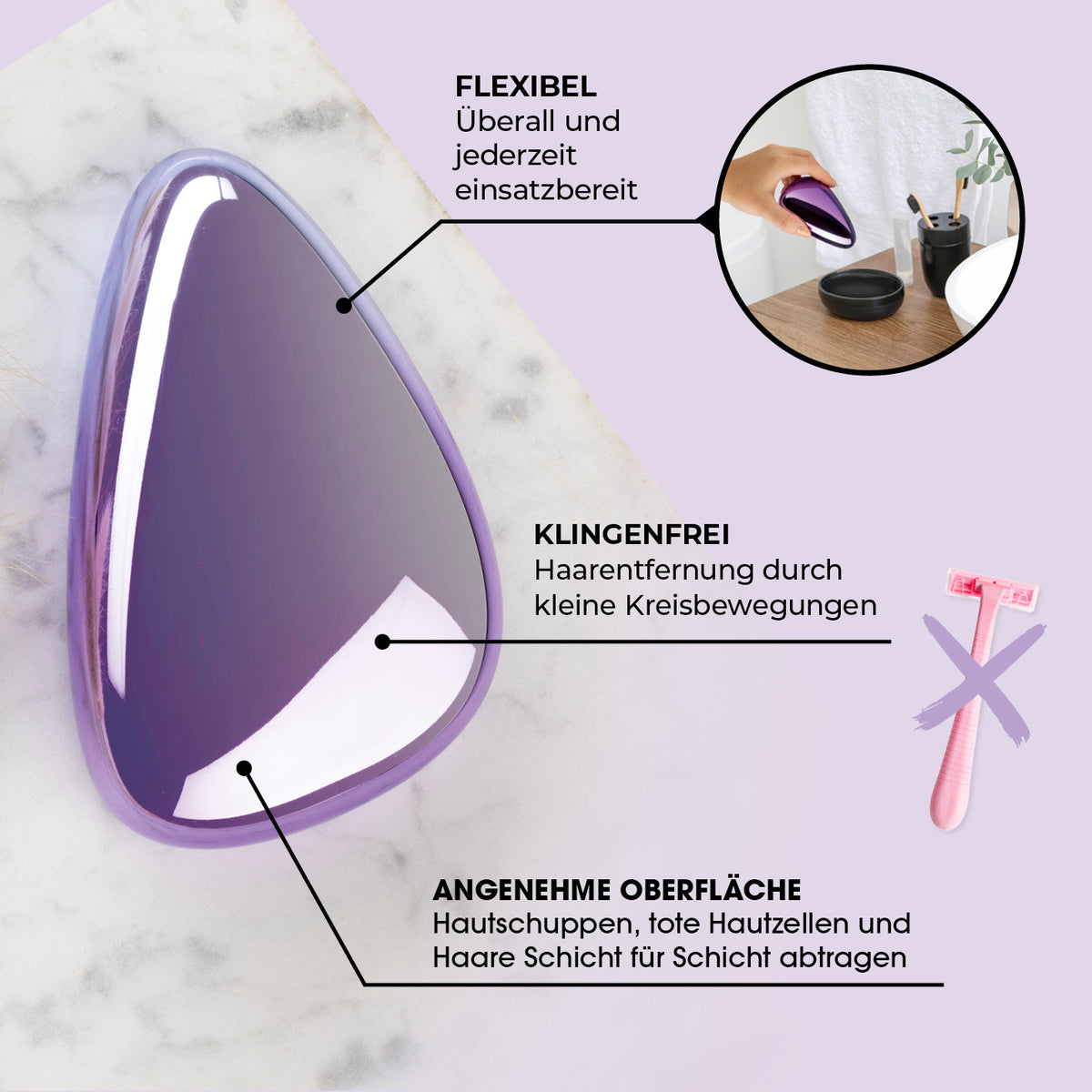 Haarentferner Nano-Glas - lila mit klingenfreier Anwendung, flexibler Nutzung und angenehmer Oberfläche für sanfte Haarentfernung.