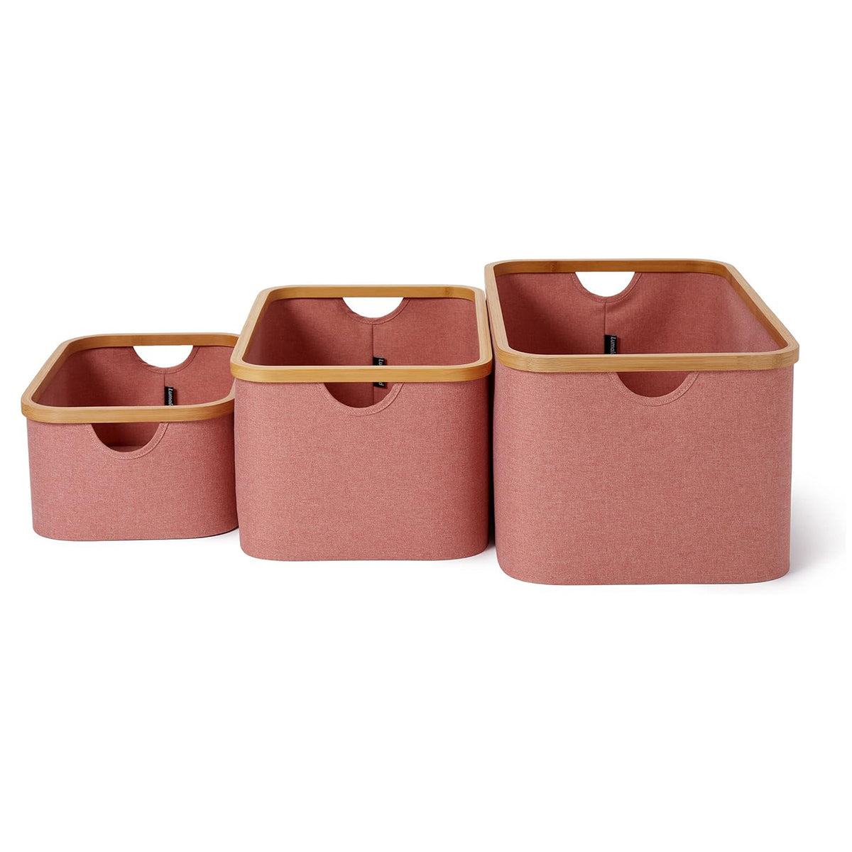 Aufbewahrungsboxen mit Bambus-Rahmen - 3er-Set in Rosa, stapelbar, verschiedene Größen, hochwertig und platzsparend von LUMALAND.
