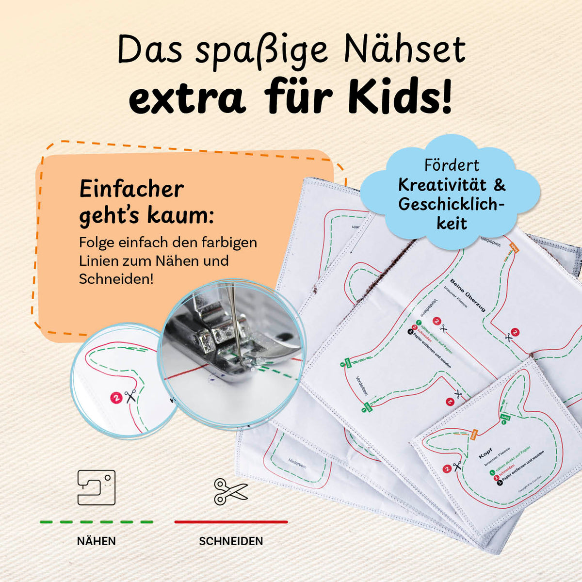 Näh-Baukastenset Motiv Pferd Pepper – kinderleichtes Nähen mit farbigen Linien für mehr Kreativität und Geschicklichkeit.