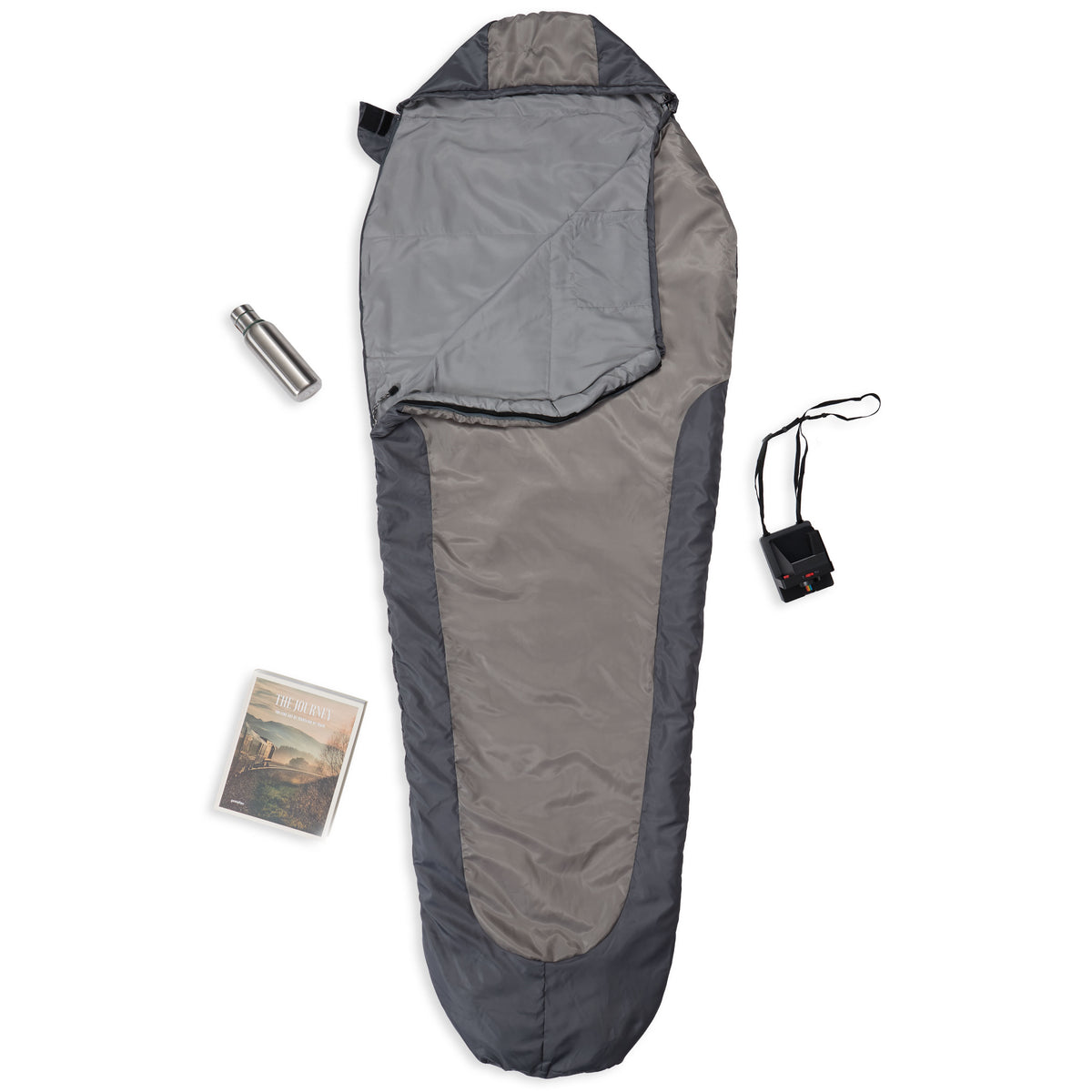 Camping Schlafsack Small & Light Mumienschlafsack hellgrau mit wasserabweisendem Material, Kordelzug, Kapuze und Packsack, 220 x 80 x 50 cm.