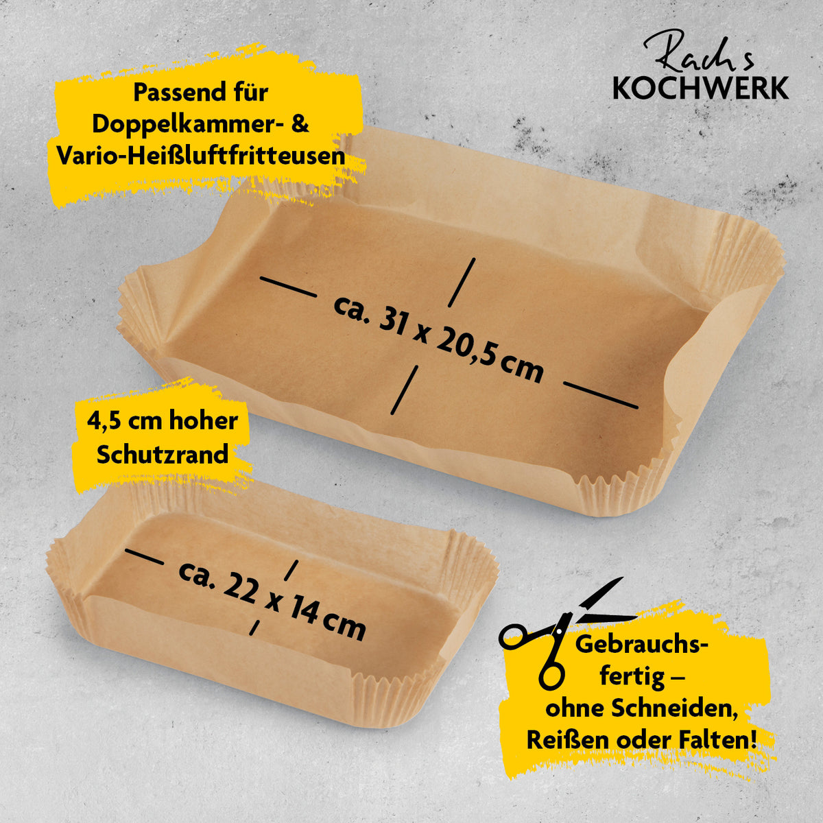 Backpapierschalen für Heißluftfritteusen 2er-Set (4,5 & 9 Liter) mit 2 Rezeptideen, hitzebeständig und mit hohem Rand.