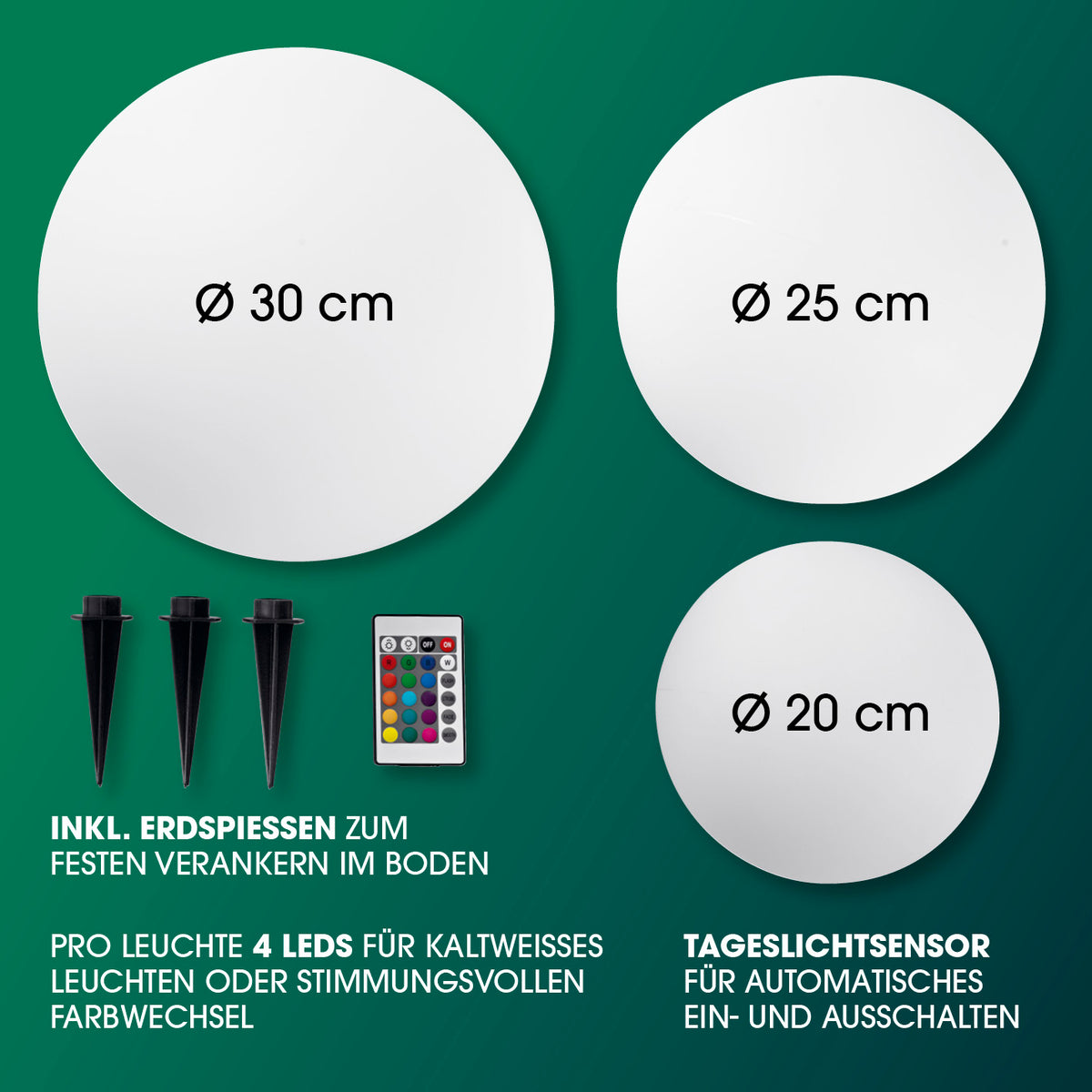 Solar-Dekokugel mit Farbwechsel - 4er-Set mit 3 Größen, Fernbedienung, Erdspießen und automatischem Tageslichtsensor für LED-Licht.
