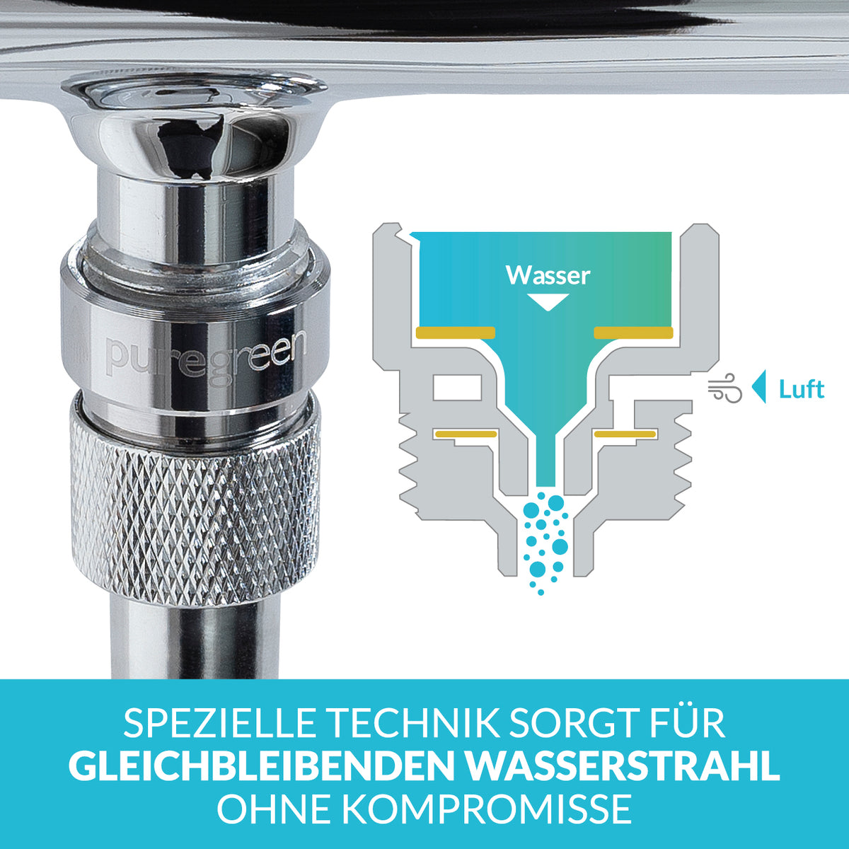 Wassersparer für die Dusche chromfarben mit spezieller Technik für gleichbleibenden Wasserstrahl und bis zu 50 % Wasserersparnis.
