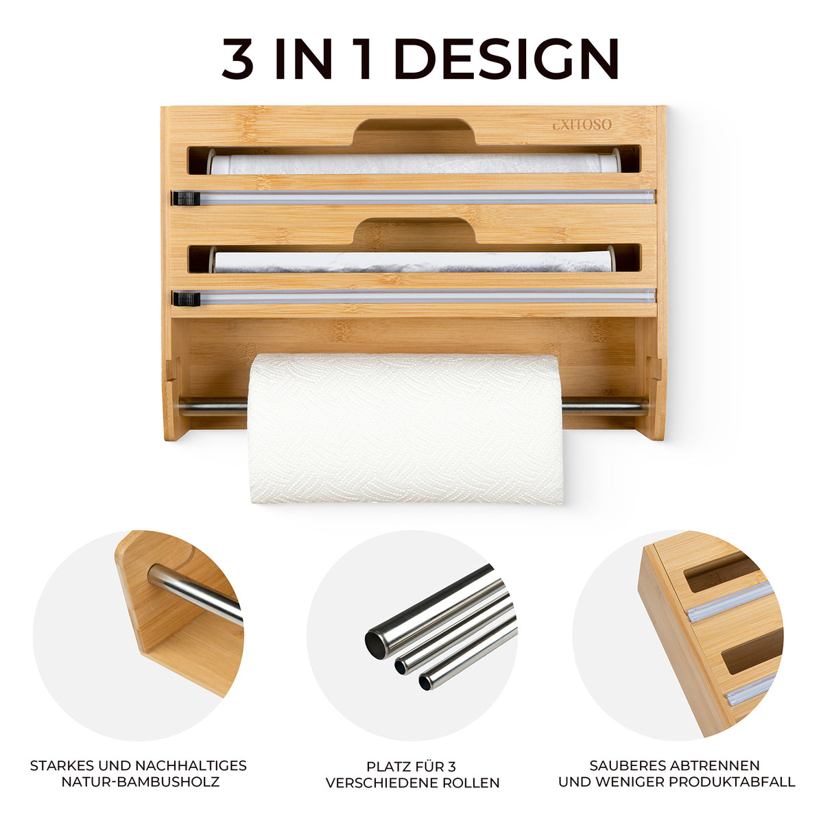 3 in 1 Folienschneider + Wandrollenhalter + Frischhaltefolienspender aus Bambusholz für Küchenpapier, Alufolie und Frischhaltefolie.