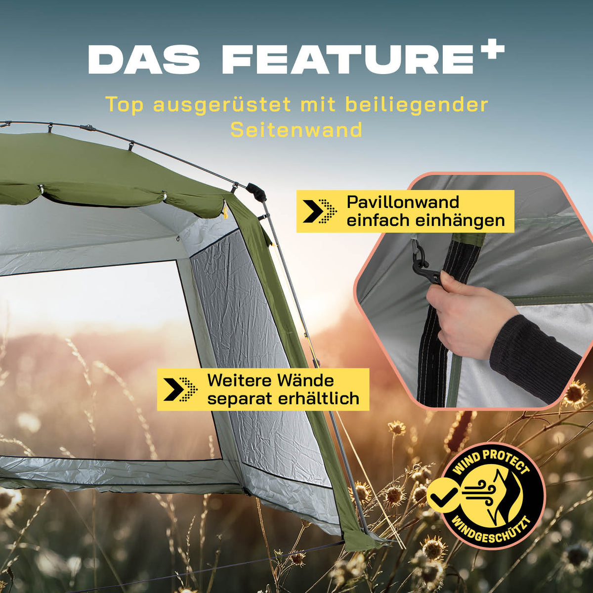 Pop-up-Pavillon mit Mückenschutz - grün mit abnehmbarer Seitenwand, einfache Handhabung und zusätzlichem Windschutz für Outdoor-Einsätze.