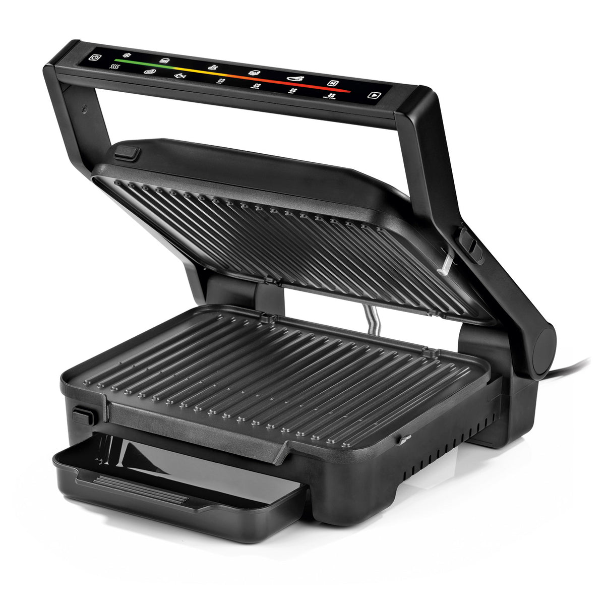 Digital-Kontakt-Grill Midnight Edition mit 2000W, Touch-Display, 6 Grillprogrammen und abnehmbaren Antihaft-Grillplatten.