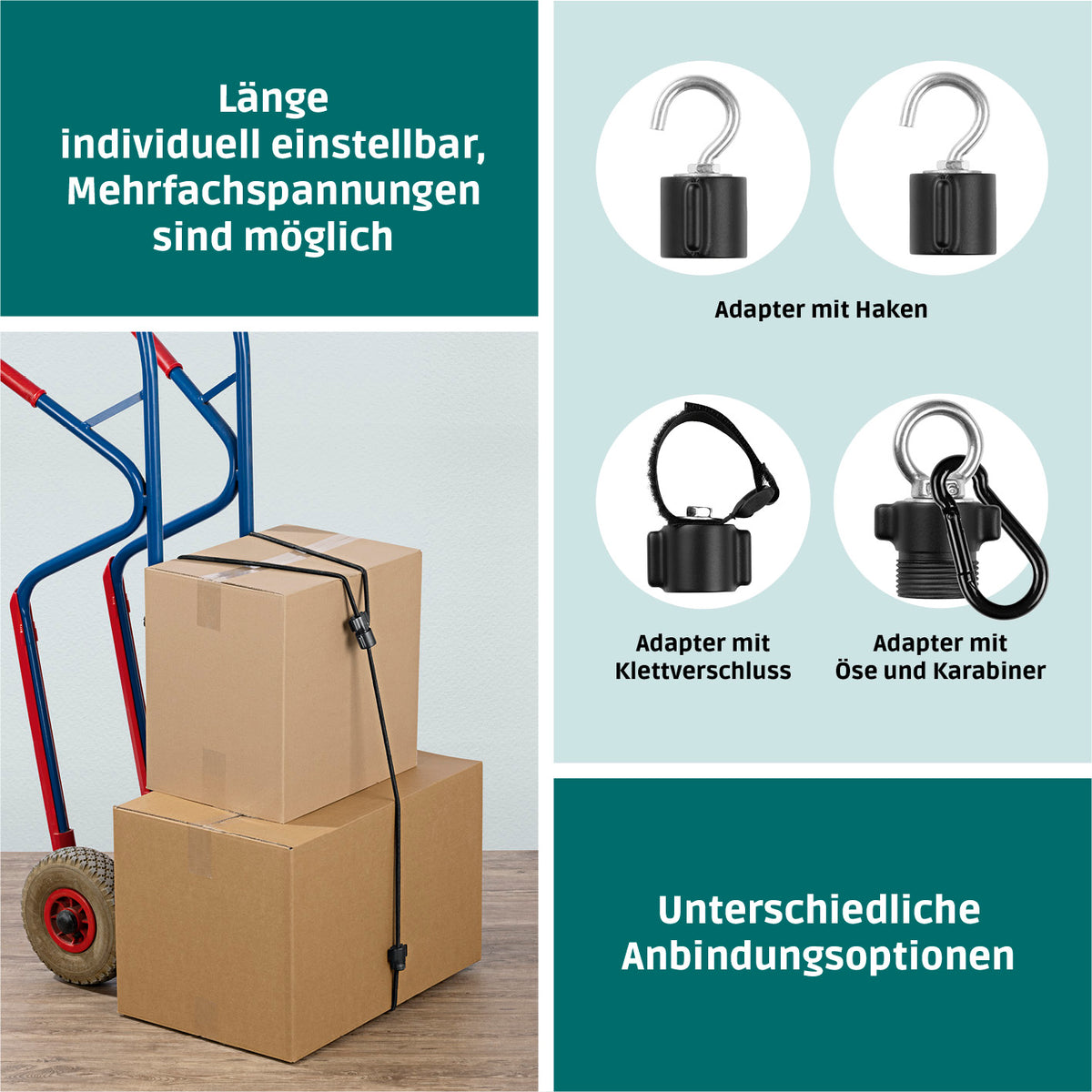 Multifunktionales Spanngummi-System - Premium-Set - 2er-Set mit verstellbarer Länge und verschiedenen Anbindungsoptionen wie Haken und Karabiner.