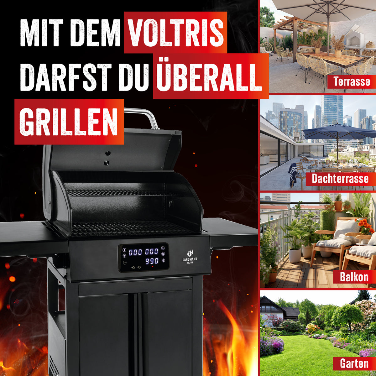 VOLTRIS Elektro-Grillwagen - Schwarz mit Touchdisplay, emaillierten Gusseisenrosten und 2 Heizelementen für bis zu 6 Personen.