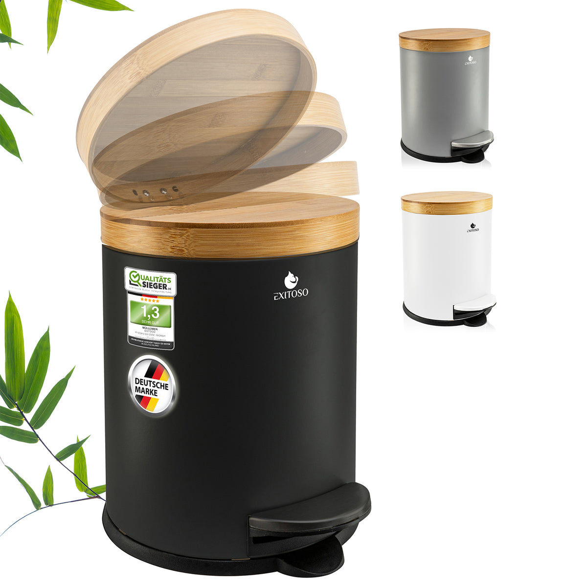Tretmülleimer mit Softclose-Deckel - 5 l - Schwarz, rostfrei mit Bambusdeckel und geräuschlosem Softclose-Fußpedal.