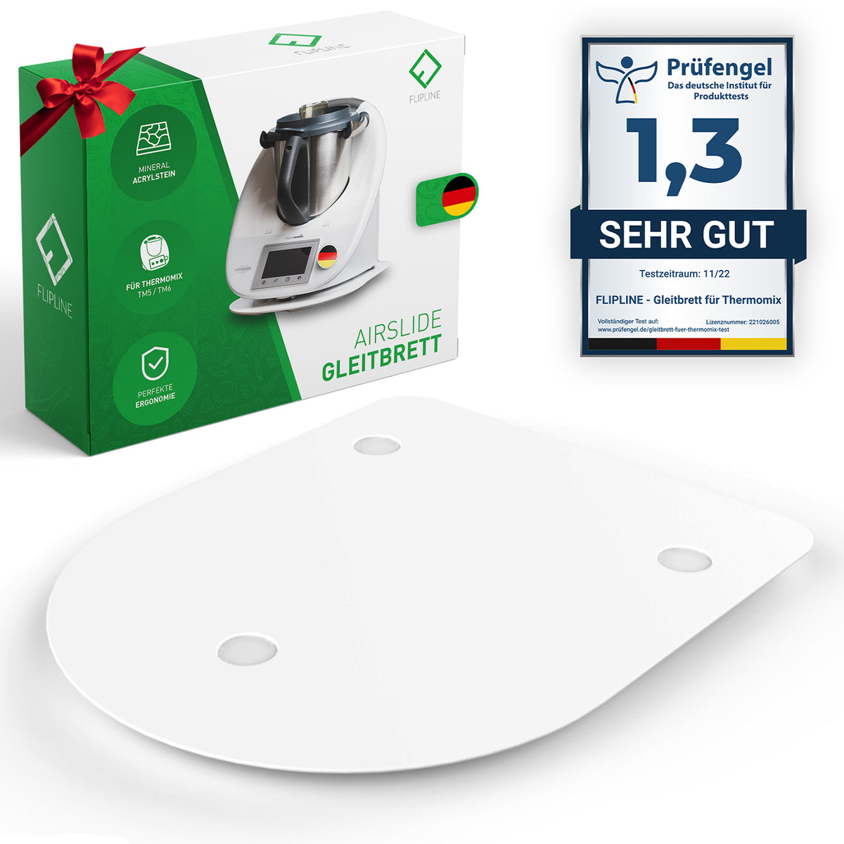 Gleitbrett für Thermomix aus robustem Mineral-Acrylstein mit Teflon-Gleitern für müheloses Verschieben und sicheres Stehen.