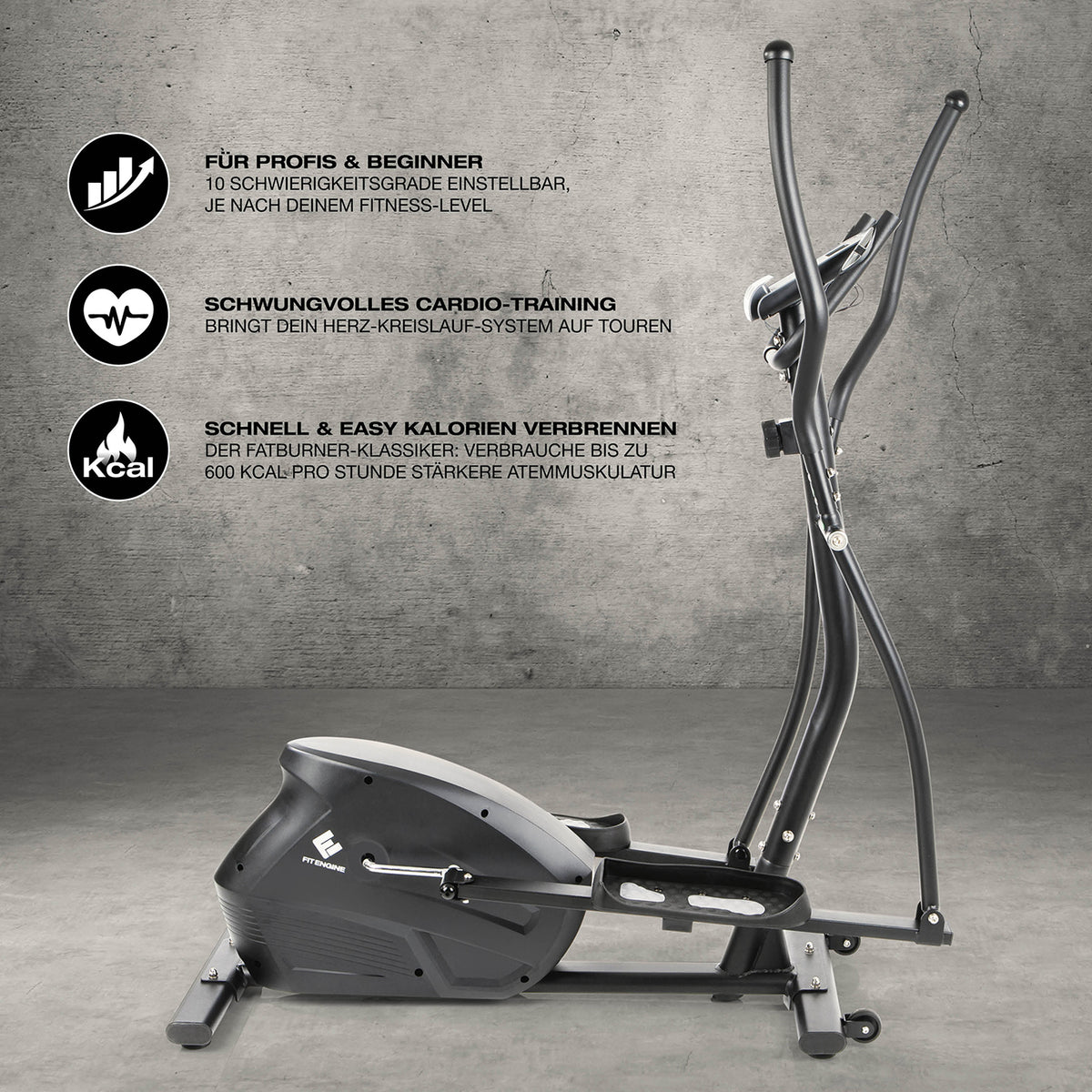 Crosstrainer - belastbar bis 150 kg mit 10 Schwierigkeitsstufen, Pulssensoren, rutschfesten Pedalen und großem Display für Ausdauertraining.