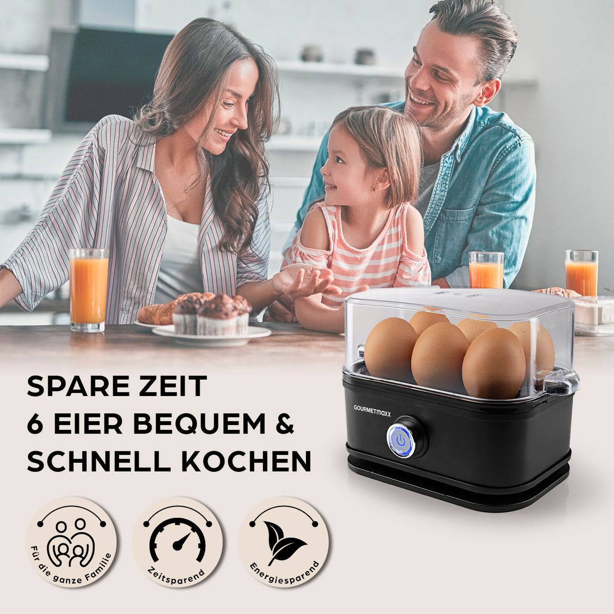 Design-Eierkocher 6 Eier - Schwarz ermöglicht schnelles, energiesparendes Kochen für die ganze Familie ohne Herd oder Topf.