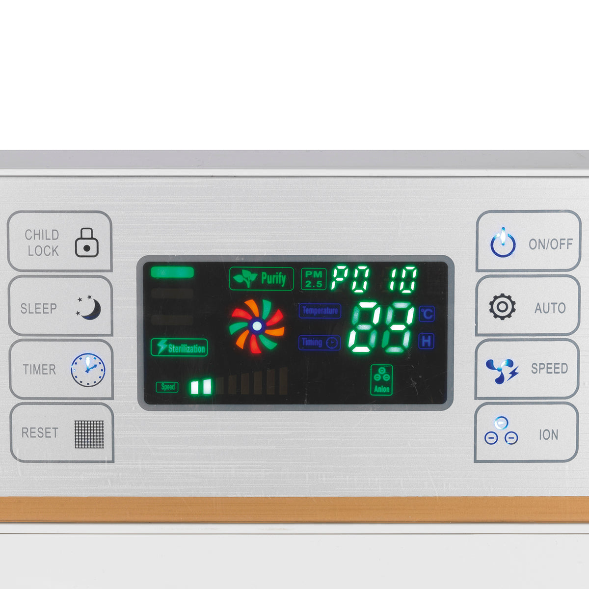 Digitaler-Luftreiniger Bedienfeld mit Timer, Ionisierungsfunktion, Ventilationsstufen und Schlafmodus für effiziente Luftreinigung.