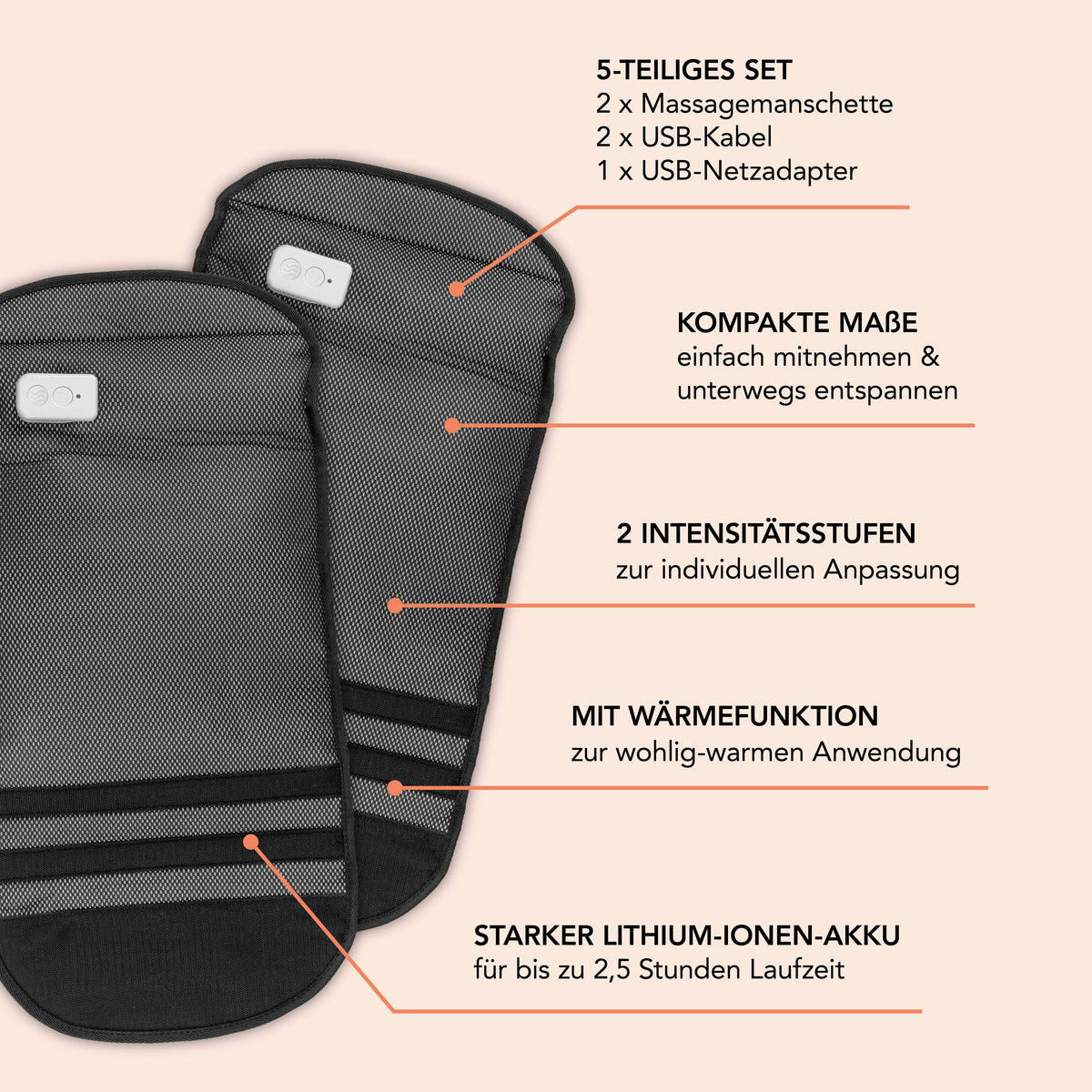 Venen-Massagegerät mit Wärmefunktion - 2 Intensitätsstufen, luftkomprimiert, stufenlos größenverstellbar, mit integrierter Wärmefunktion und Bedienelement.