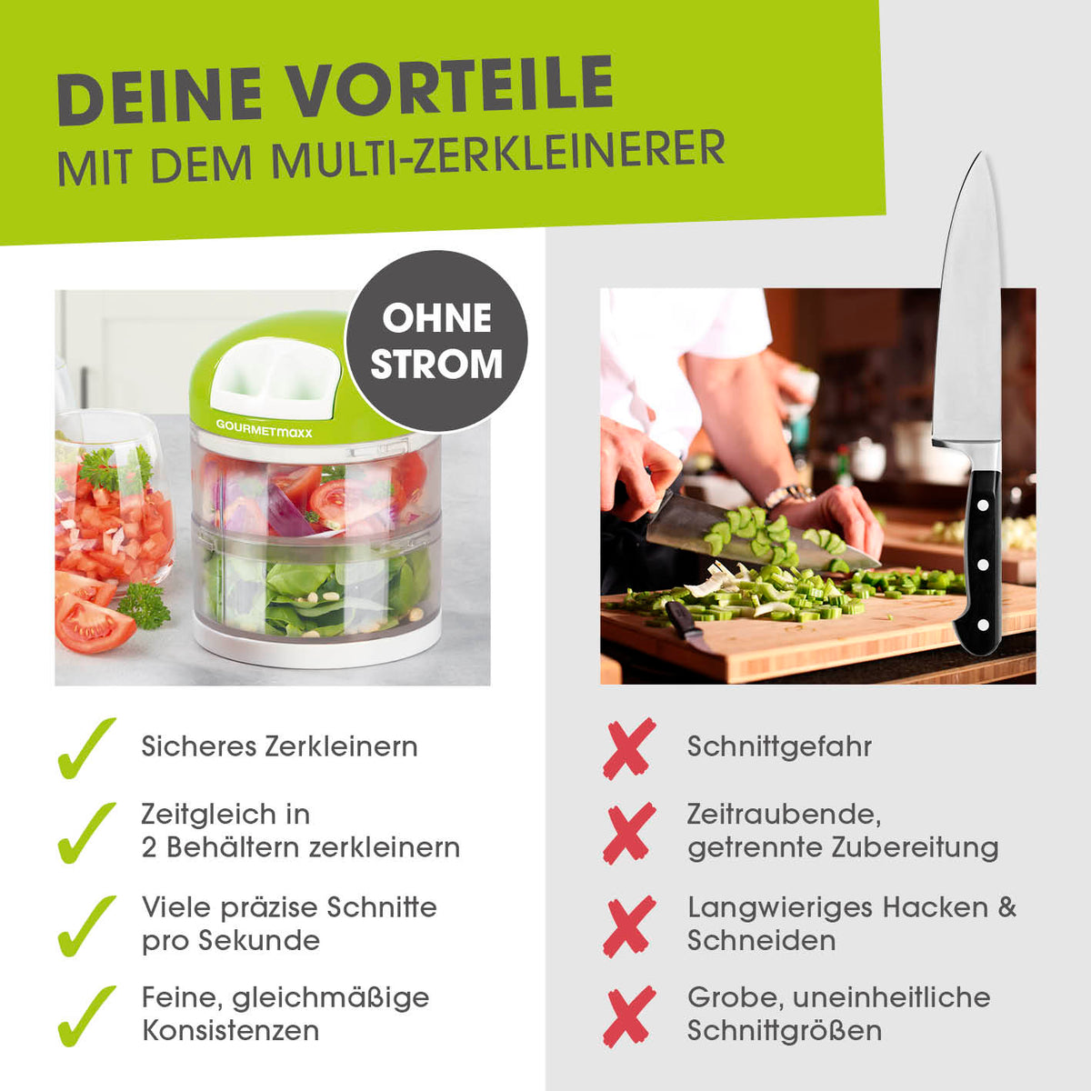 Multi-Zerkleinerer mit praktischem Zugmechanismus & 2 getrennten Behältern für schnelles, sicheres Zerkleinern ohne Strom.