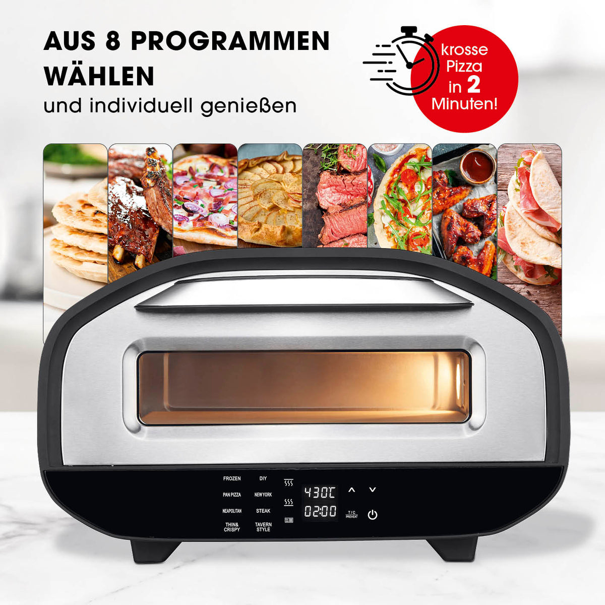Elektro-Pizzaofen mit Pizzaheber von GOURMETmaxx mit 8 Programmen und 1700 Watt für knusprige Pizza in 2 Minuten.