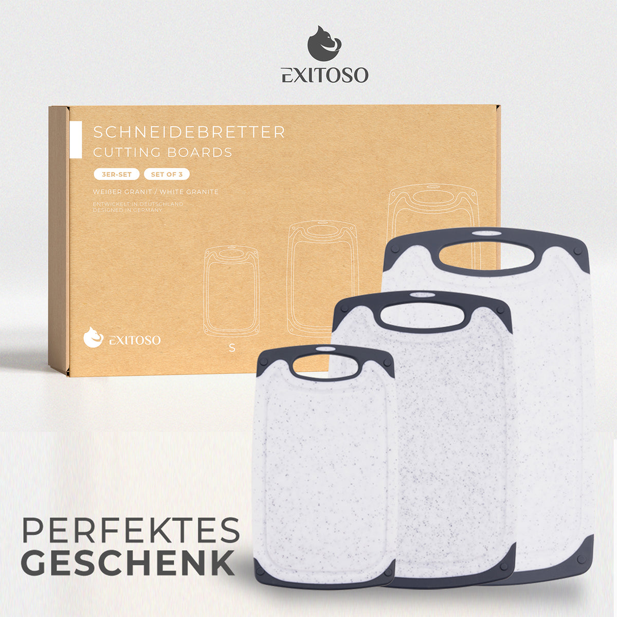Frühstücksbrettchen - 3er-Set - Marmoroptik Weiß, rutschfest, BPA-frei, spülmaschinenfest, vielseitig nutzbar, mit praktischem Griff