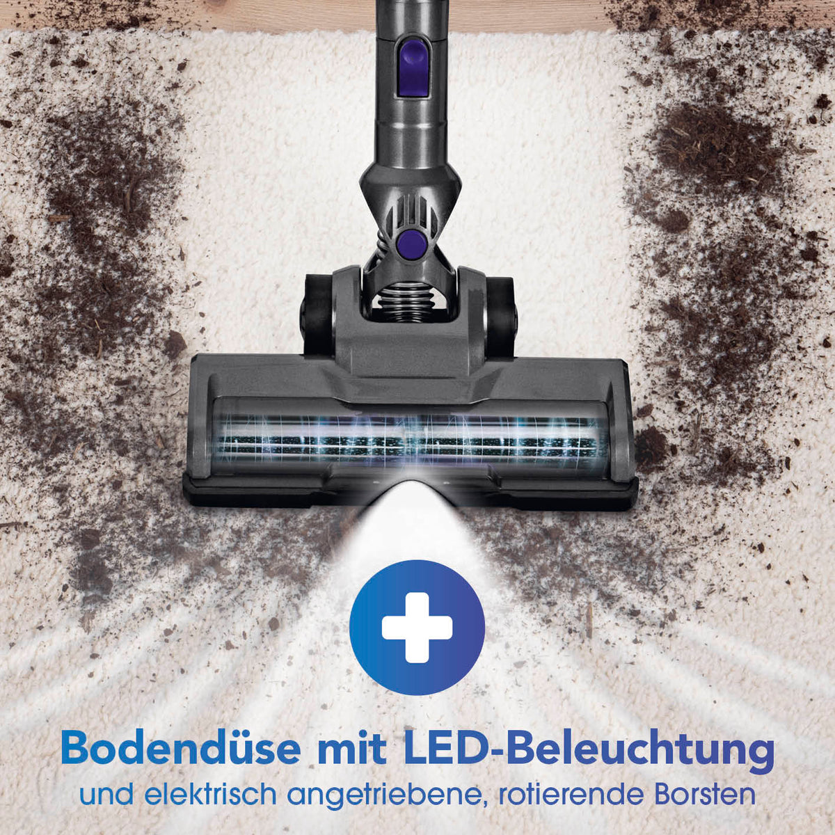 Akku-Zyklon-Staubsauger - anthrazit/lila mit Bodendüse, LED-Beleuchtung und rotierenden Bürsten für gründliche Reinigung