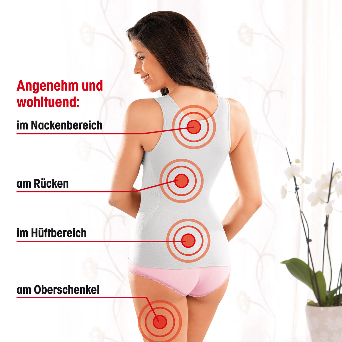 Massagematte mit Wärmefunktion zeigt Massagezonen Nacken, Rücken, Hüfte und Oberschenkel für entspannende Anwendung.