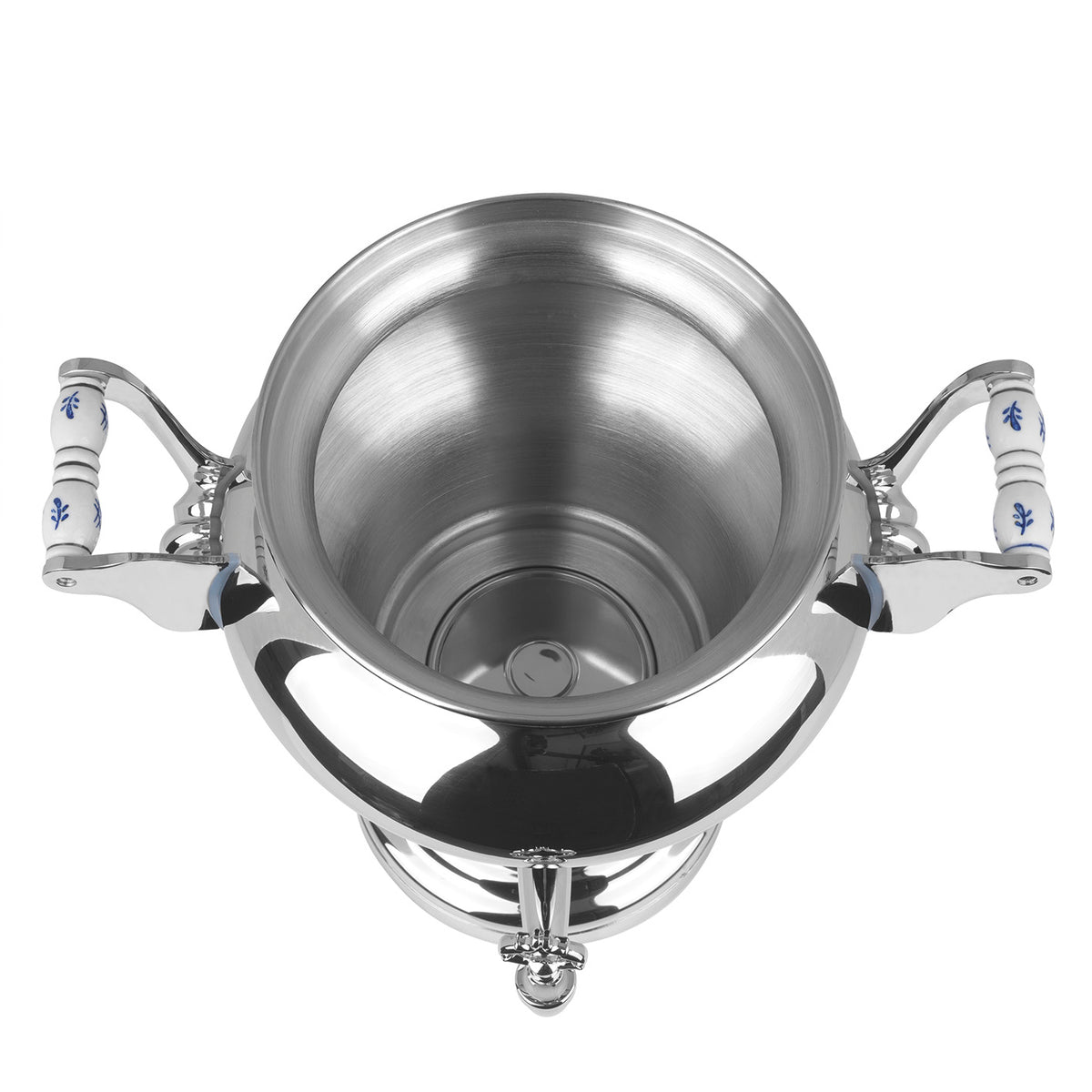 Samowar Royal III - 15l Edelstahl, hochwertiger elektrischer XL-Samowar zur Teezubereitung mit Ablasshahn, sichtbarer Innenraum.