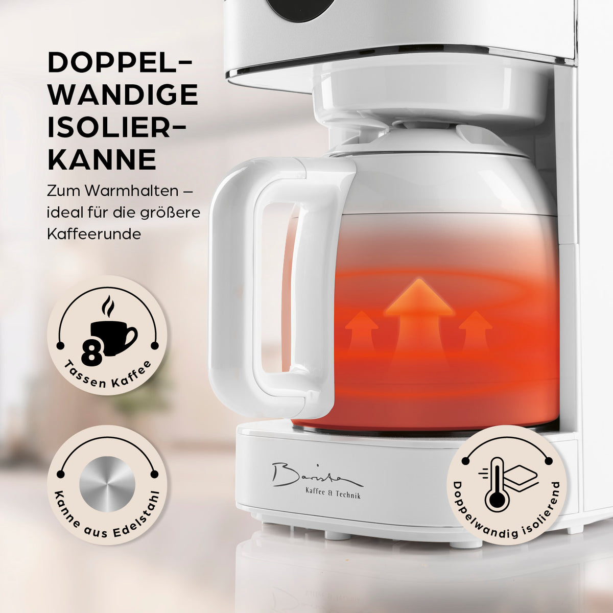 Filterkaffeemaschine Touch Iso - weiß mit doppelwandiger Edelstahl-Isolierkanne und 8 Tassen Kapazität für frischen Kaffee.