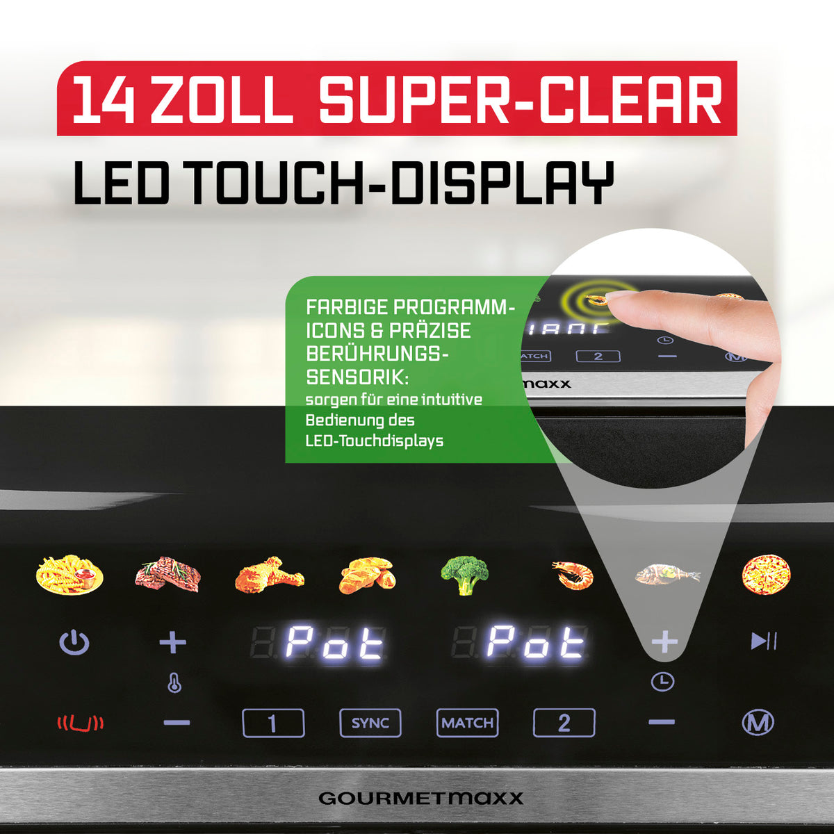 Doppelkammer-Heißluftfritteuse - 9 Liter mit 14 Zoll farbigem LED-Touchscreen und intuitiver Bedienung für vielseitiges fettarmes Frittieren.