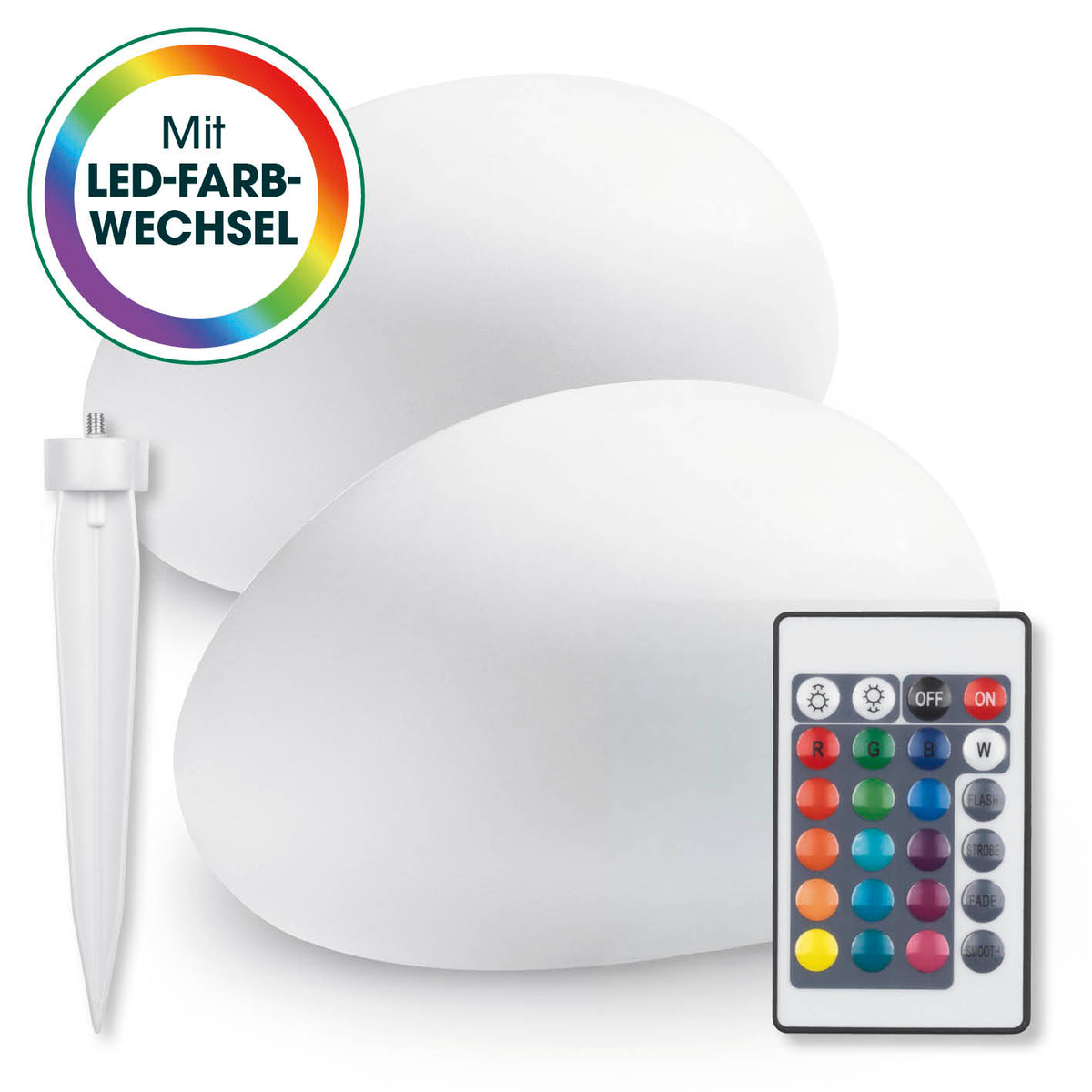 Solar-Leuchte Stein mit Farbwechsel - 2er-Set mit Fernbedienung, LED-Farbwechsel, Solarpanel und Erdspieß, wetterfest IP67.
