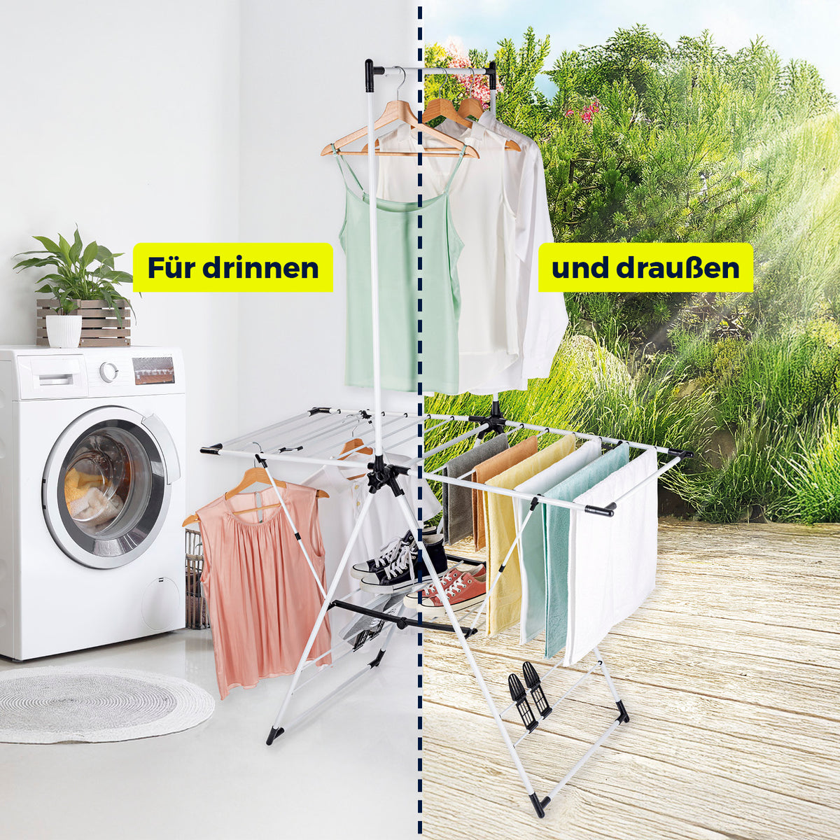 Falt-Wäscheständer 1800 klappbar mit Kleiderstange und Schuhhalter, für Innen- und Außenbereich, 18 m Trockenlänge, robust und leicht.