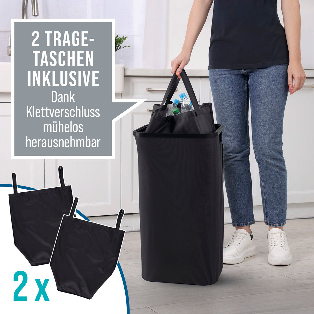 Pfandflaschen-Sammelbehälter - Schwarz mit 2 herausnehmbaren Tragetaschen und Klettverschluss, kompakt und wasserabweisend.