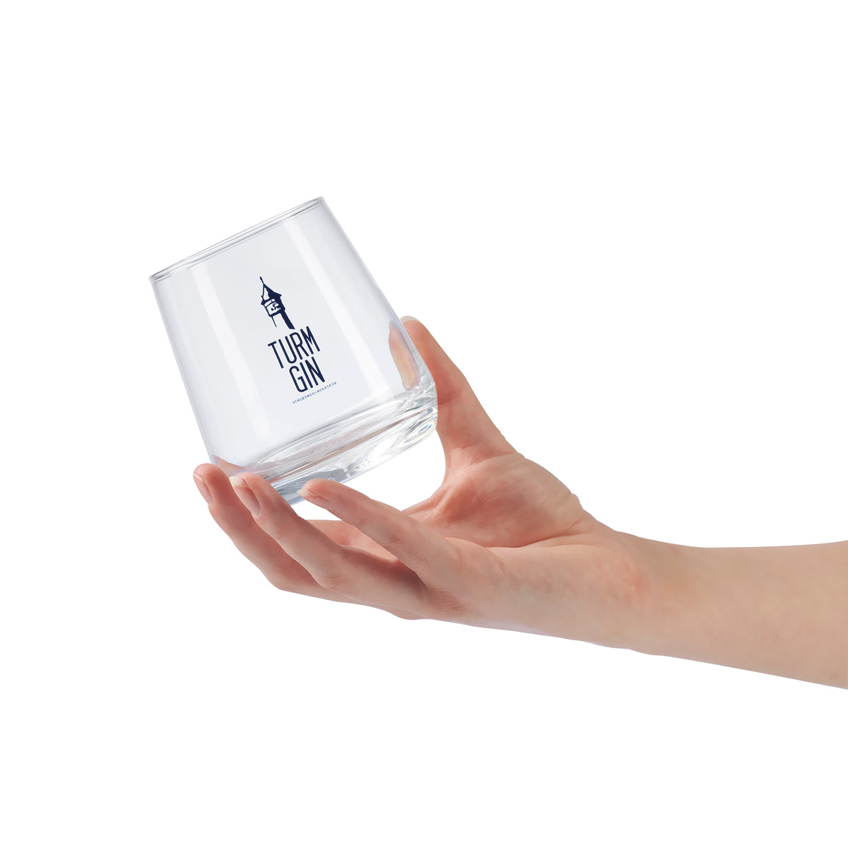 Glas mit Logo und Siegel - je 370 ml - 2er-Set im TURM GIN Design, ideal zum stilvollen Servieren von Getränken, spülmaschinengeeignet.