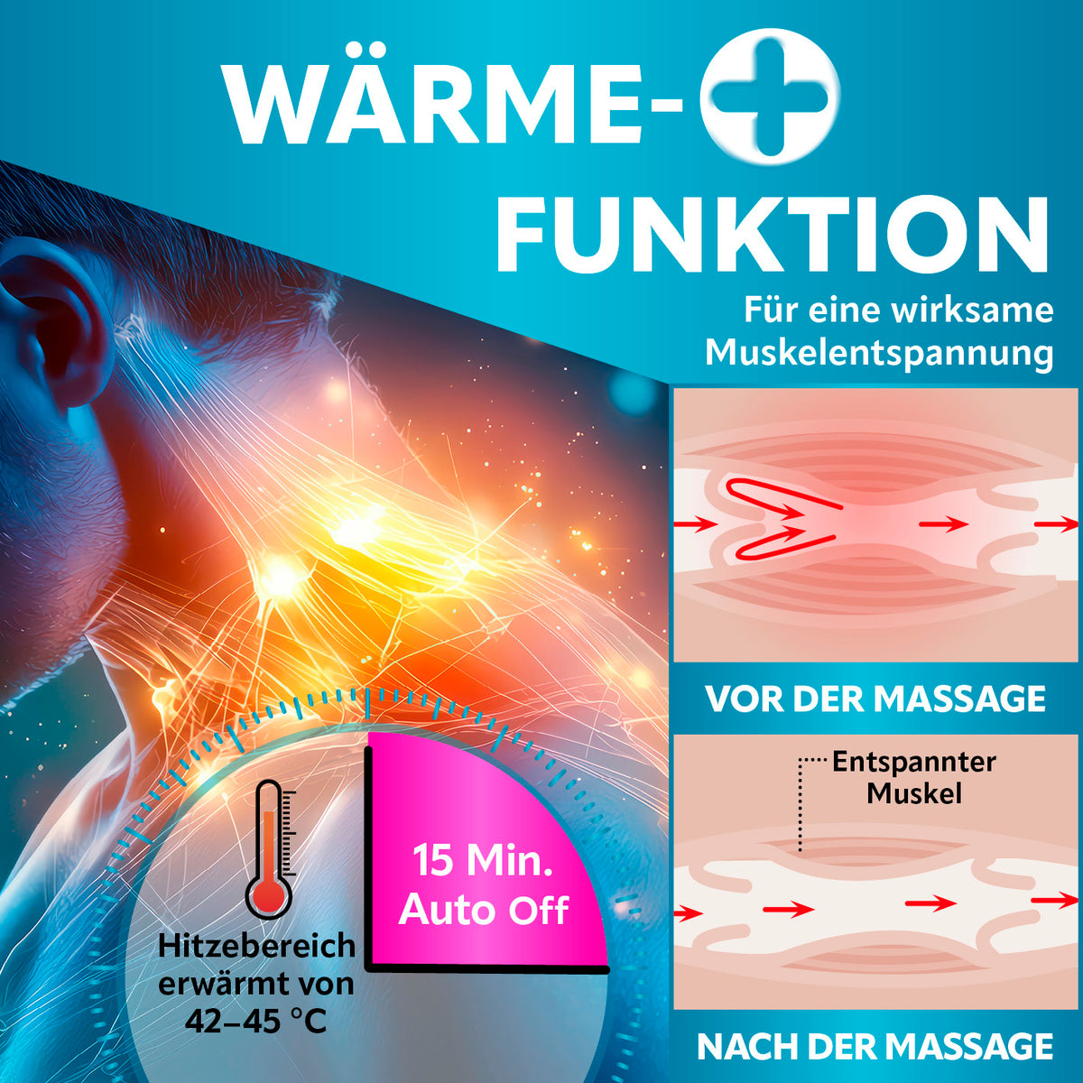 Shiatsu-Massagegerät mit Wärmefunktion für effektive Muskelentspannung und automatischem Abschalten nach 15 Minuten Gebrauch.