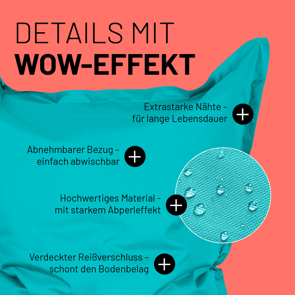 Sitzsack Classic XXL (380 L) in Aquamarin mit extrastarken Nähten, abnehmbarem Bezug, Abperleffekt und verdecktem Reißverschluss.