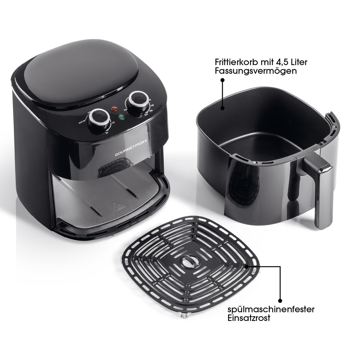 Heißluft-Fritteuse Mechanisch 4,7l Schwarz mit 4,5 l Frittierkorb und spülmaschinenfestem Einsatzrost für fettarmes Garen.