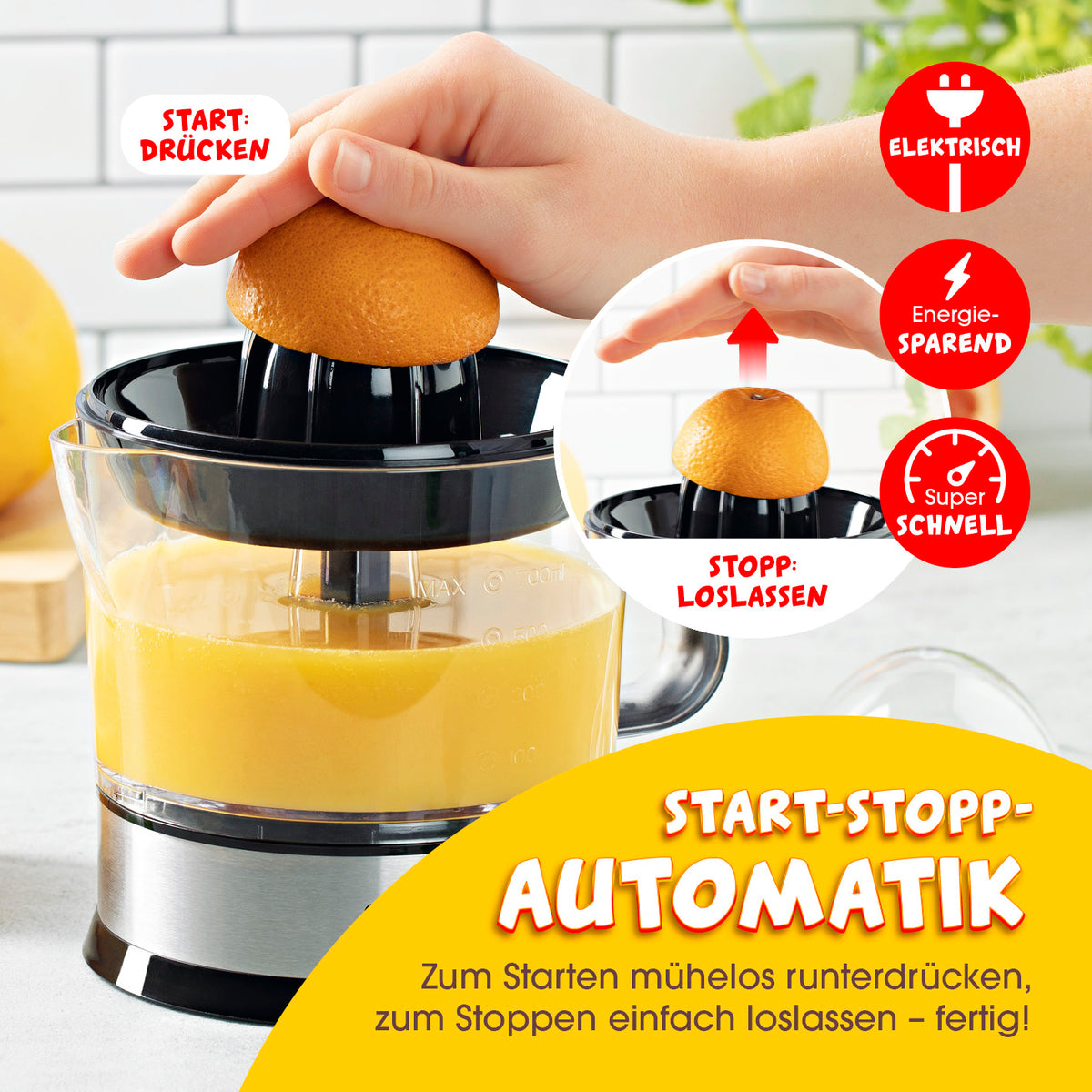 Zitruspresse 0,7l - Edelstahl mit Start-Stopp-Automatik und Kunststoffkanne für frischen Saft aus Orangen, Limetten und Grapefruits.