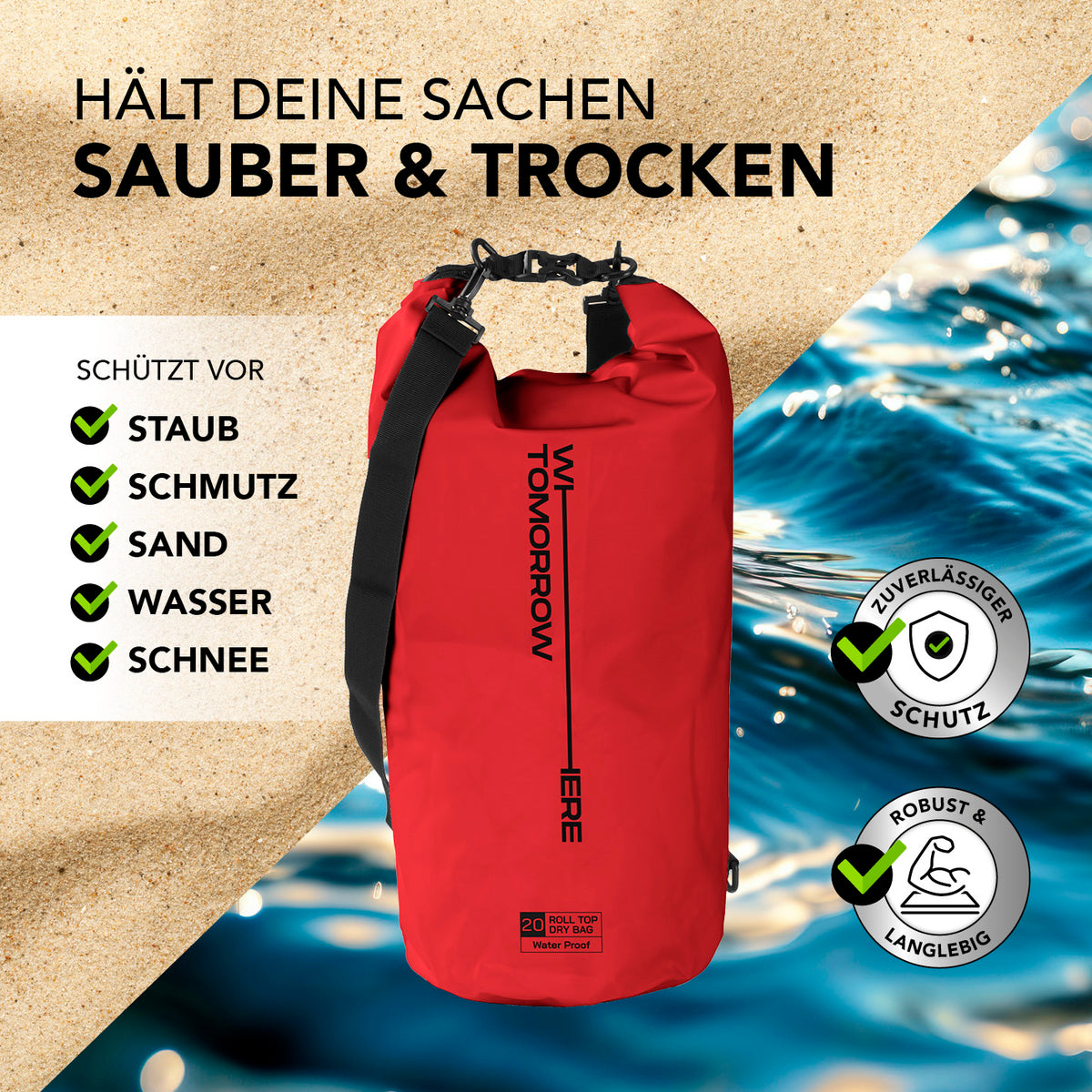 Dry Bag 20L - Style 02 - Rot, wasserdichter, robuster Rucksack zum Schutz vor Staub, Schmutz, Sand, Wasser und Schnee beim Outdoor-Einsatz.