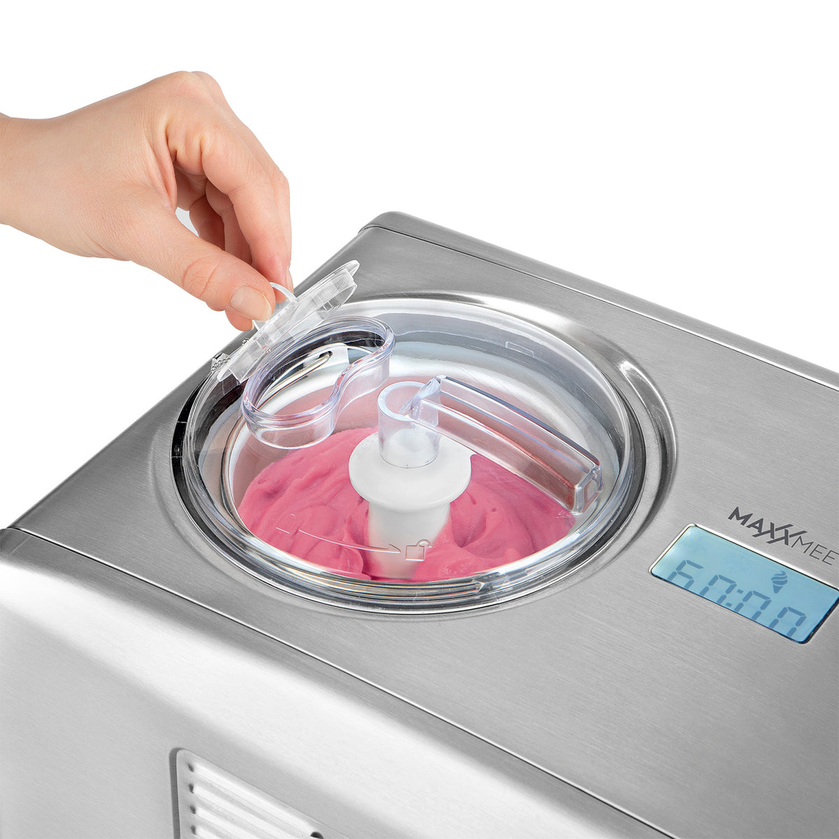 Eismaschine - Zubereitung von bis zu 1,5 l Milcheis, Fruchteis & Co. mit Edelstahlgehäuse und digitalem LCD-Timer.